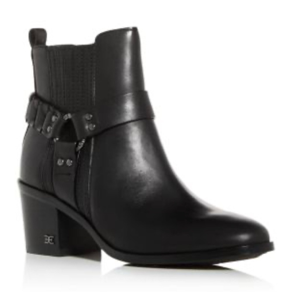 Sam Edelman Black Leather Harness Ankle Boots Moto Western Grunge Block‎ Heel 8